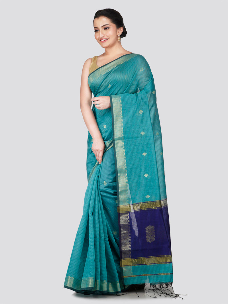 PinkLoom Women's Turquoise Blue Cotton Silk Saree