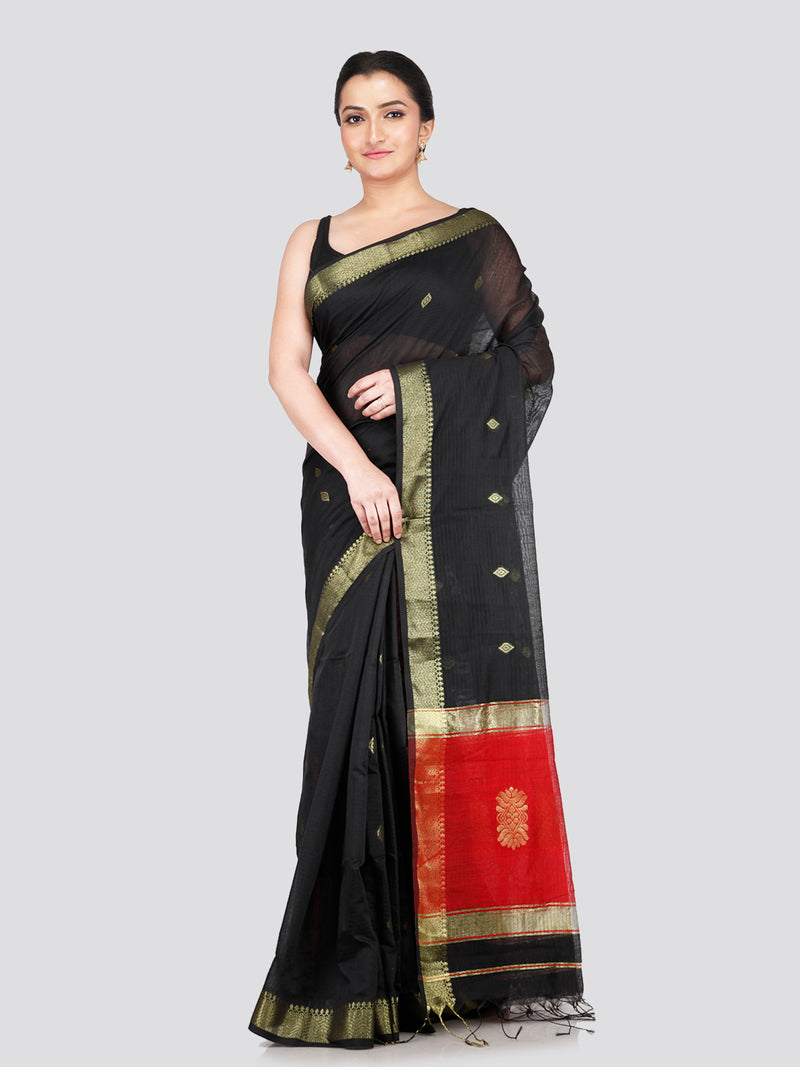 PinkLoom Women's Black Cotton Silk Saree