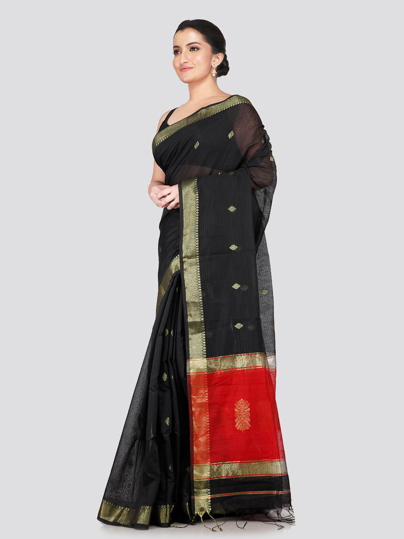 PinkLoom Women's Black Cotton Silk Saree