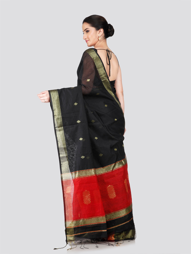 PinkLoom Women's Black Cotton Silk Saree