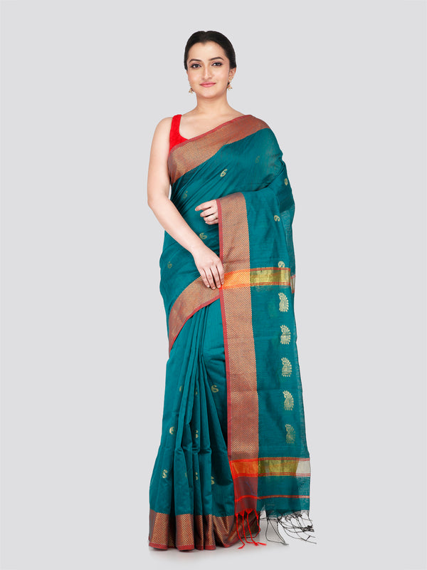 PinkLoom Women's Green Cotton Silk Saree