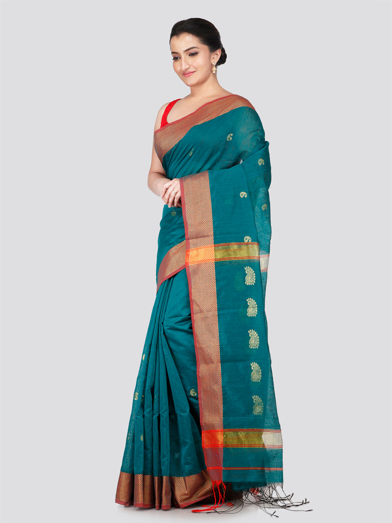 PinkLoom Women's Green Cotton Silk Saree