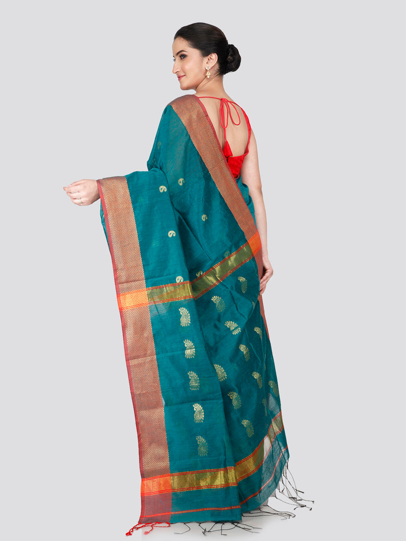 PinkLoom Women's Green Cotton Silk Saree