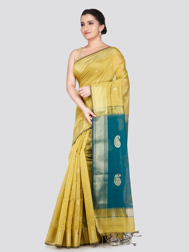 PinkLoom Women's Yellow Cotton Silk Saree