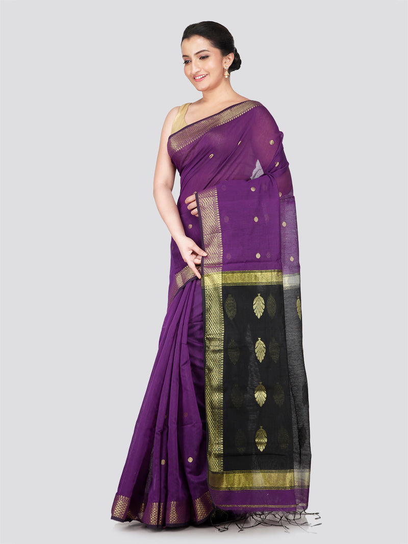 PinkLoom Women's Purple Cotton Silk Saree