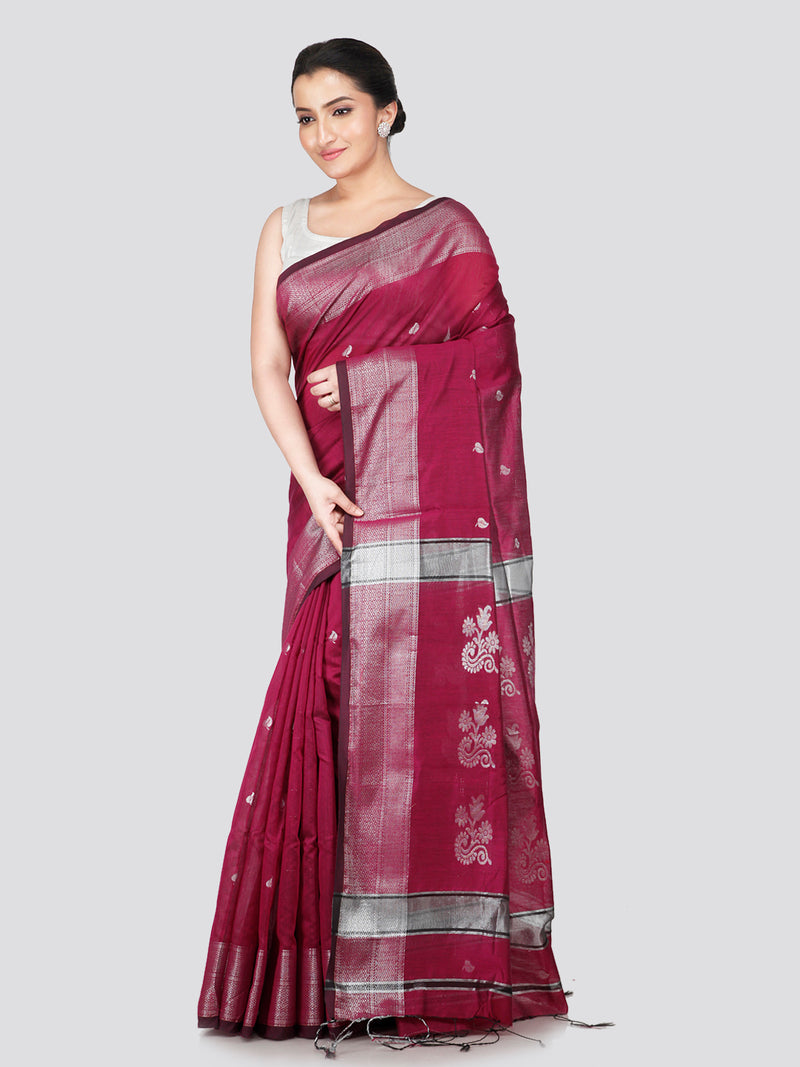 PinkLoom Women's Maroon Cotton Silk Saree