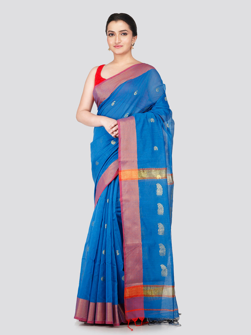 PinkLoom Women's Blue Cotton Silk Saree