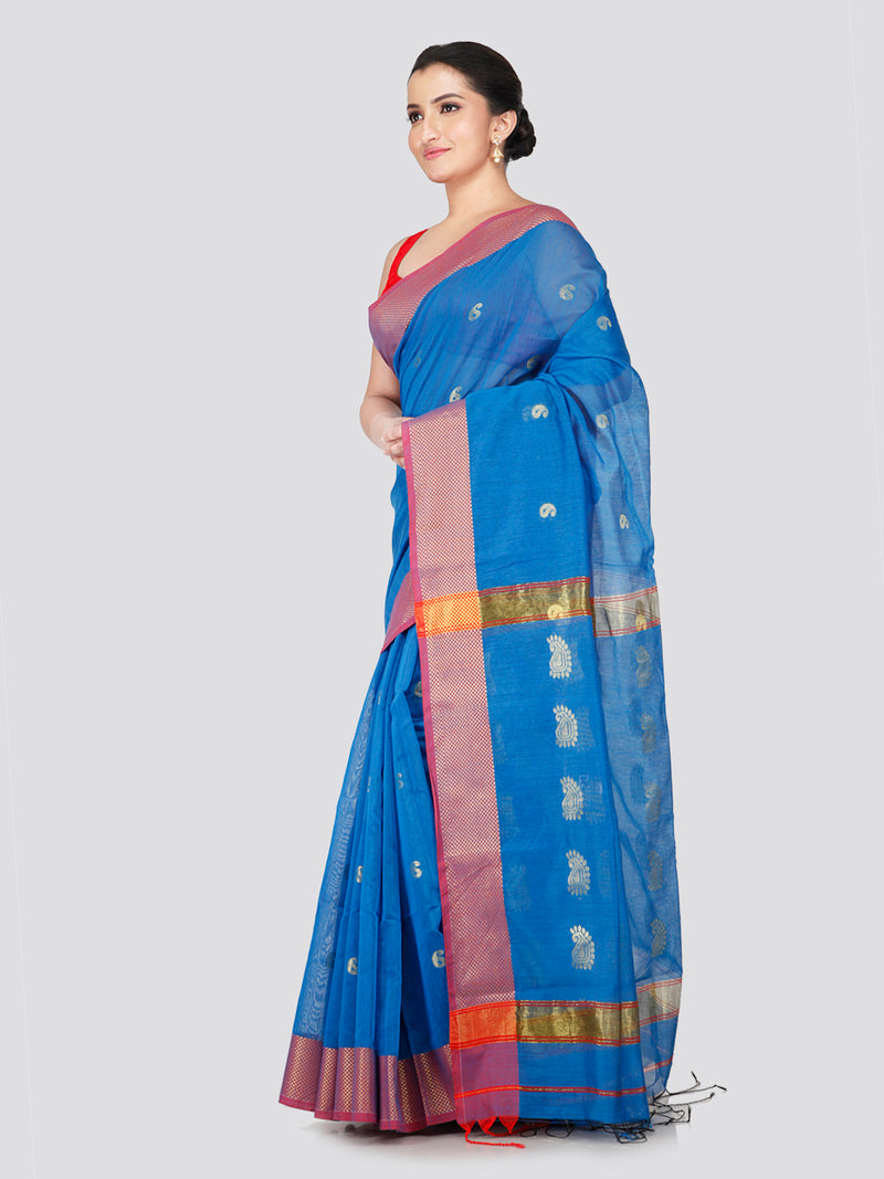 PinkLoom Women's Blue Cotton Silk Saree