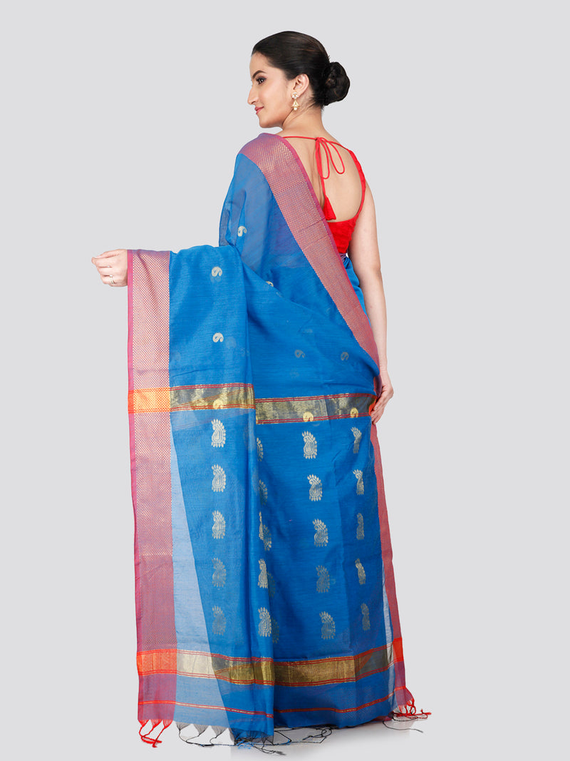 PinkLoom Women's Blue Cotton Silk Saree