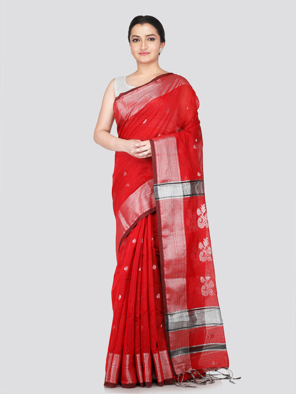 PinkLoom Women's Red Cotton Silk Saree