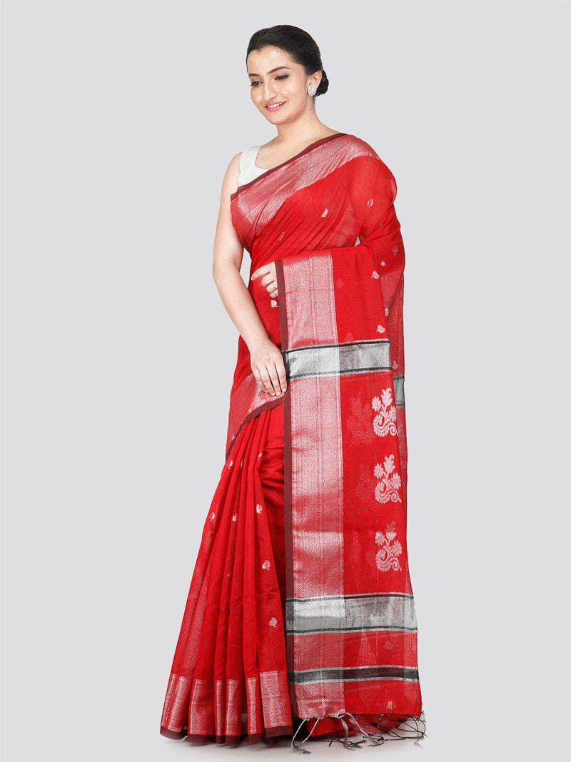 PinkLoom Women's Red Cotton Silk Saree