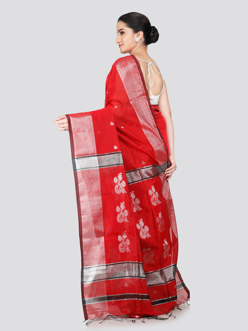 PinkLoom Women's Red Cotton Silk Saree