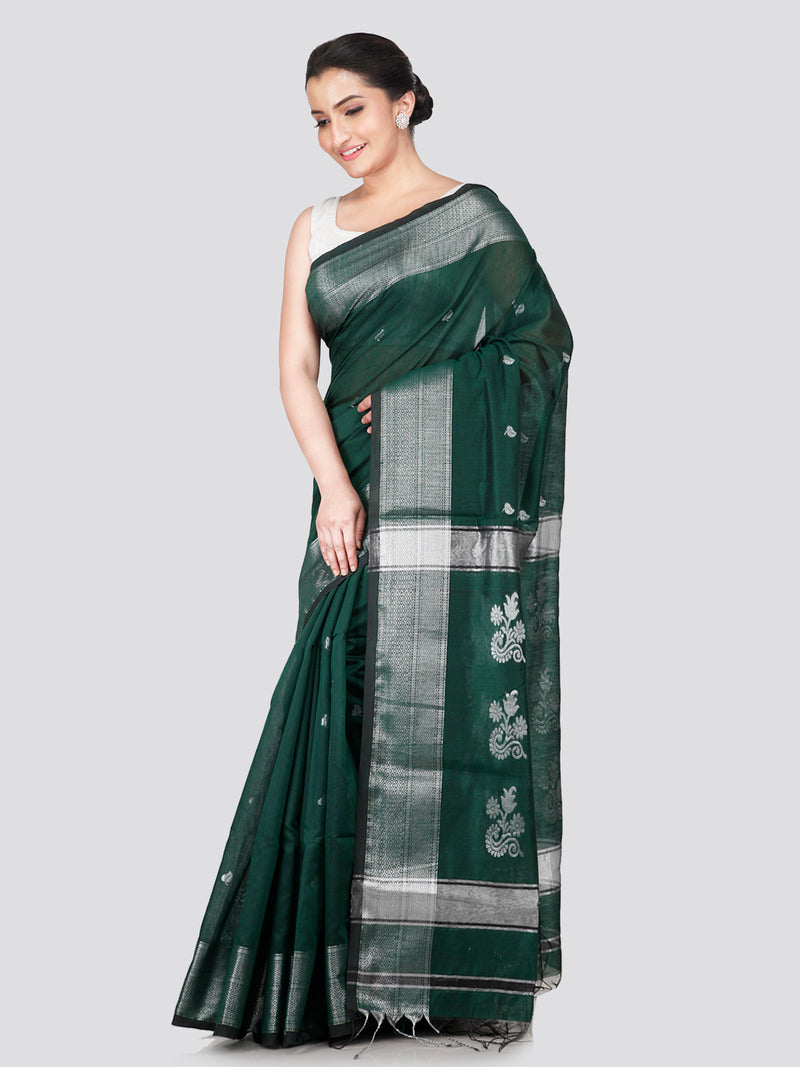 PinkLoom Women's Green Cotton Silk Saree