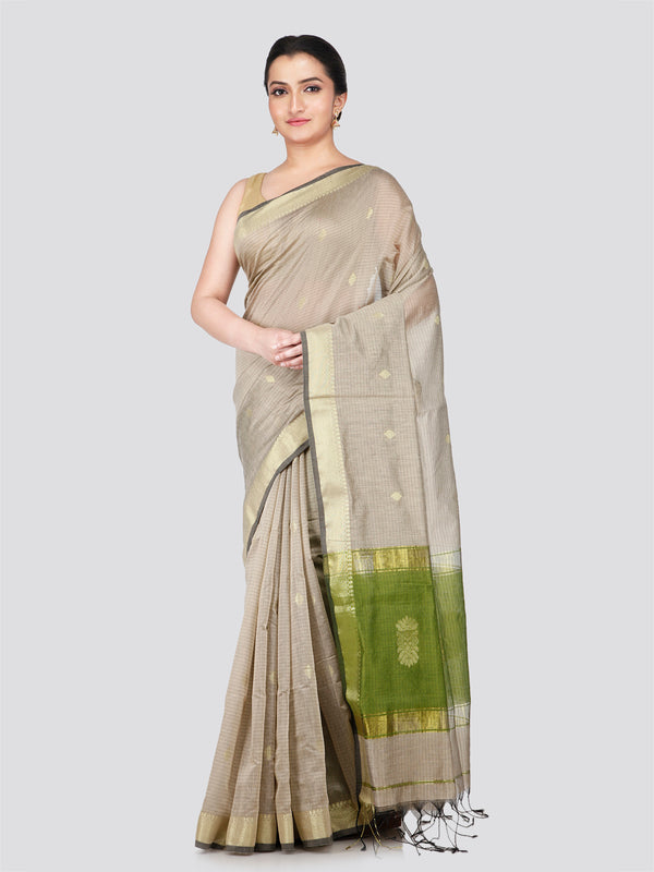 PinkLoom Women's Beige Cotton Silk Saree