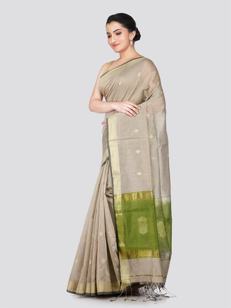 PinkLoom Women's Beige Cotton Silk Saree