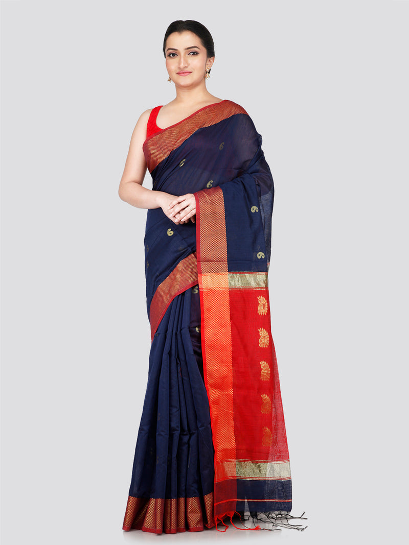 PinkLoom Women's Blue Cotton Silk Saree