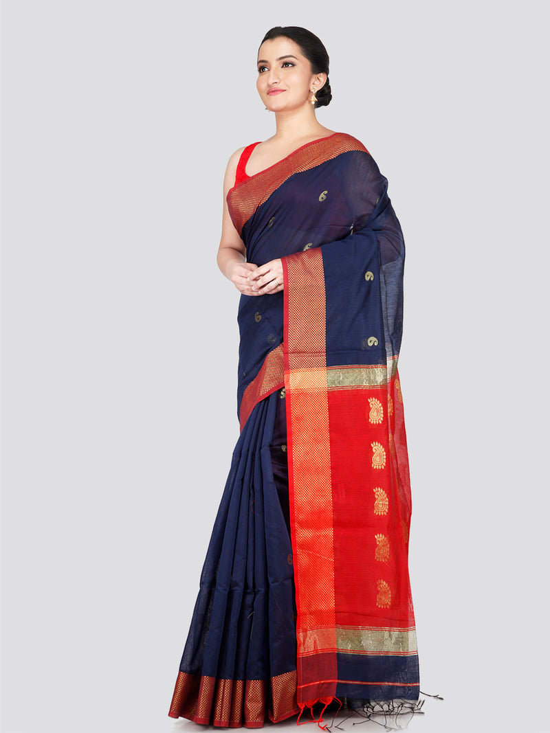 PinkLoom Women's Blue Cotton Silk Saree