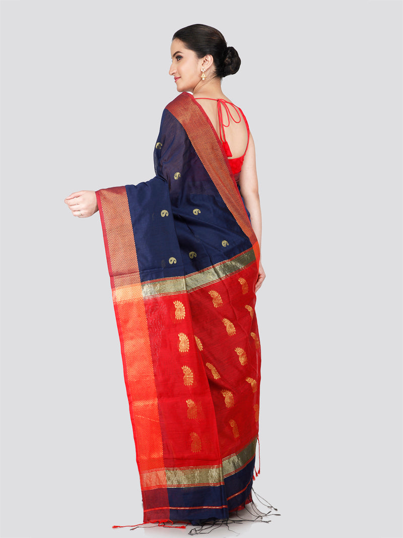 PinkLoom Women's Blue Cotton Silk Saree