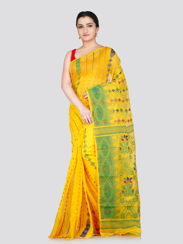 PinkLoom Women's Yellow Soft Cotton Jamdani Saree