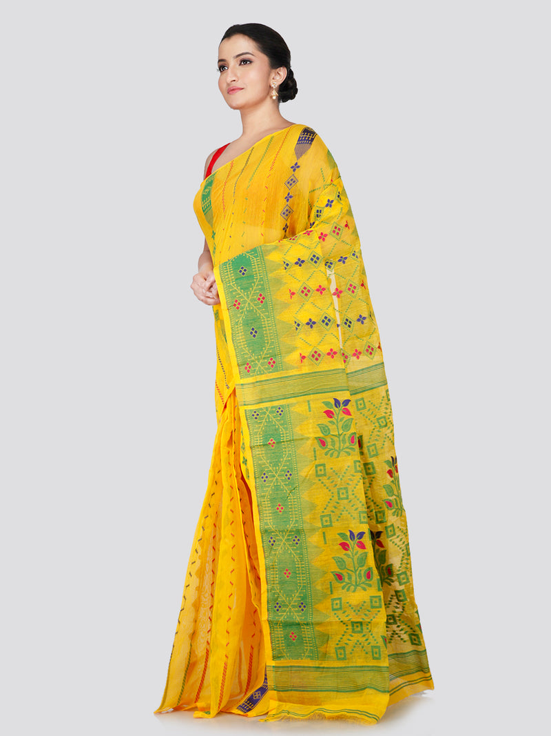 PinkLoom Women's Yellow Soft Cotton Jamdani Saree