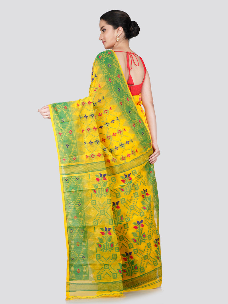 PinkLoom Women's Yellow Soft Cotton Jamdani Saree