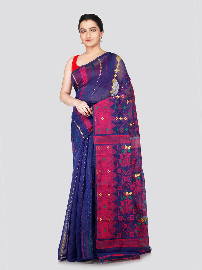 PinkLoom Women's Blue Soft Cotton Jamdani Saree