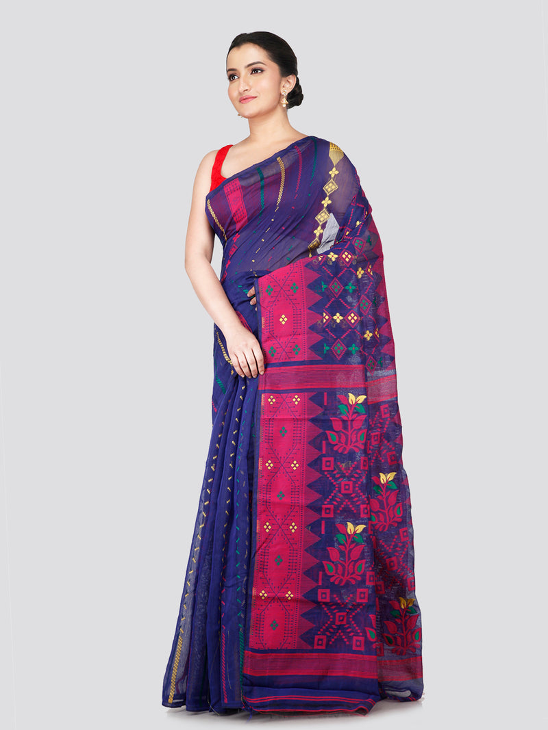 PinkLoom Women's Blue Soft Cotton Jamdani Saree