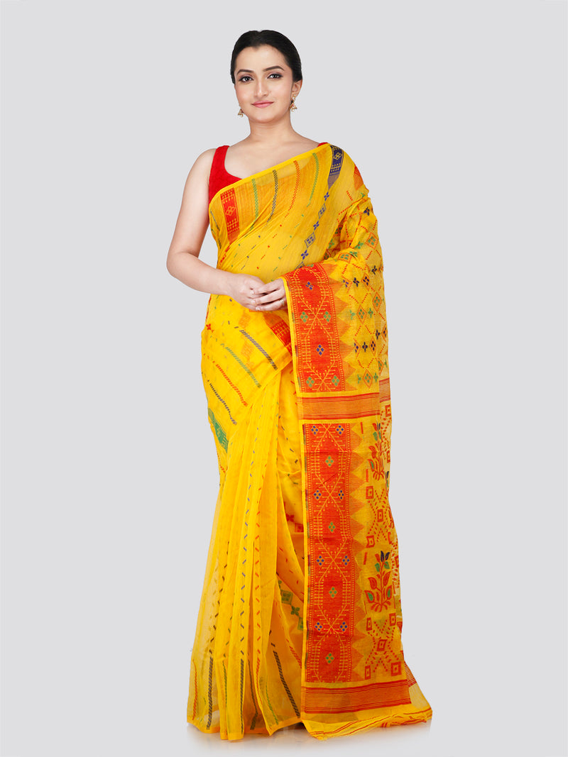 PinkLoom Women's Yellow Soft Cotton Jamdani Saree