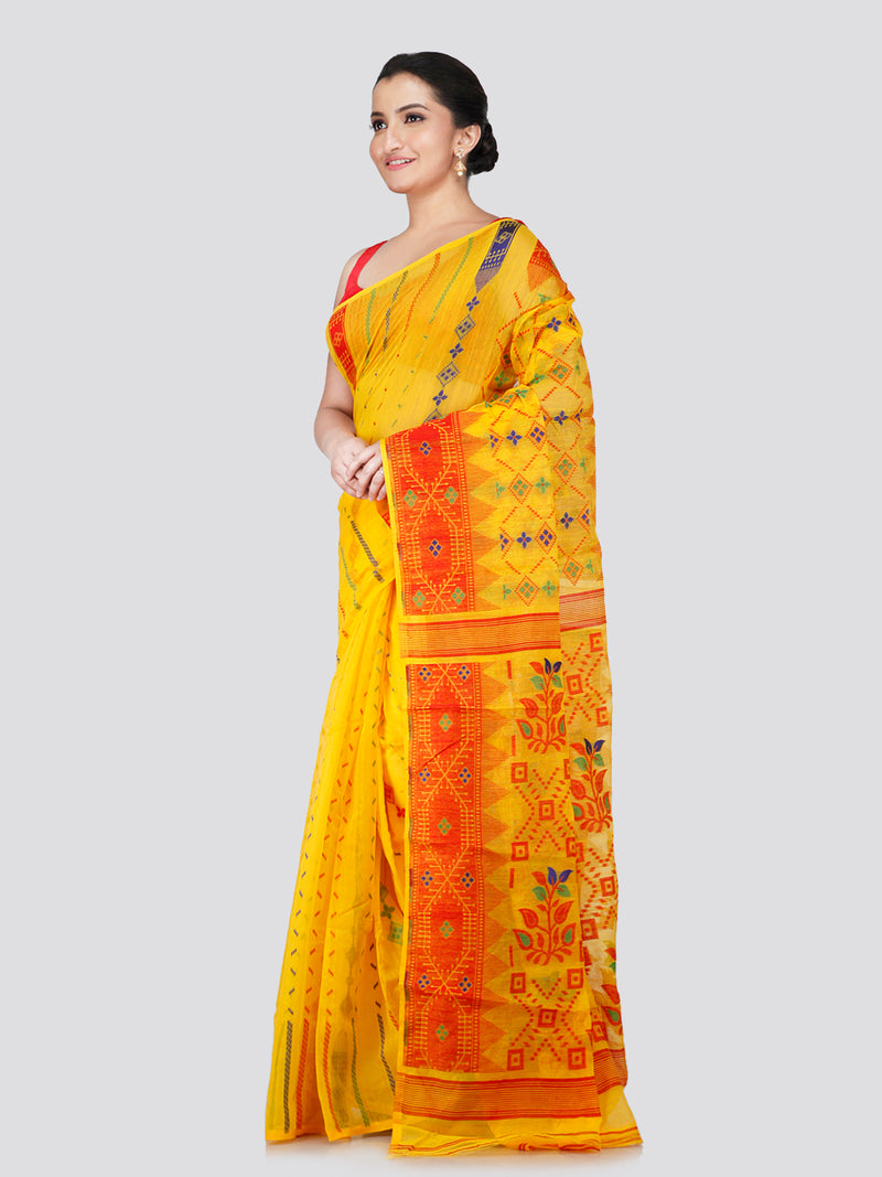 PinkLoom Women's Yellow Soft Cotton Jamdani Saree