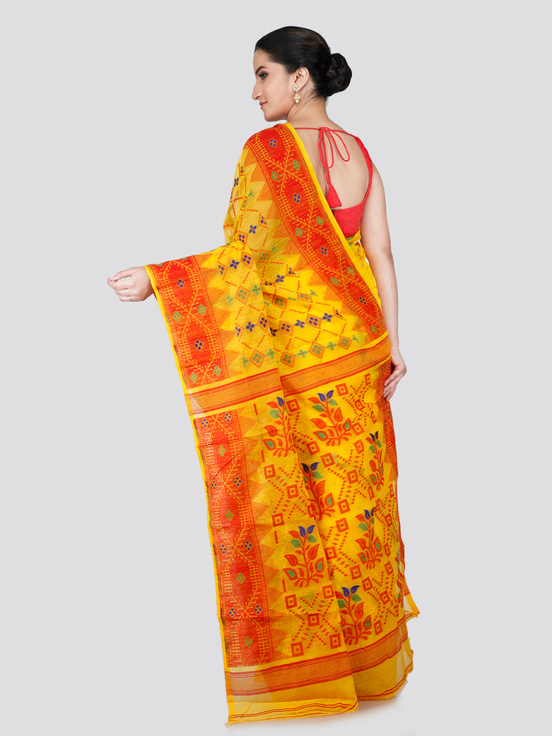 PinkLoom Women's Yellow Soft Cotton Jamdani Saree