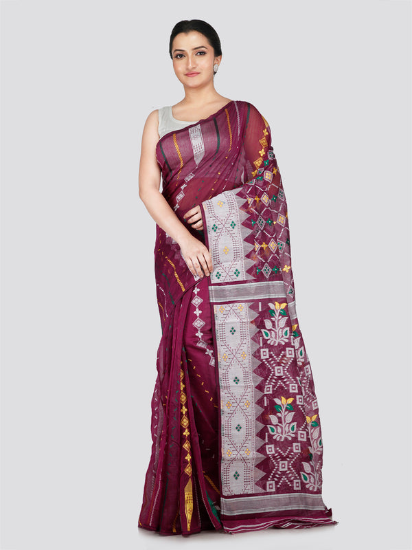 PinkLoom Women's Purple Soft Cotton Jamdani Saree