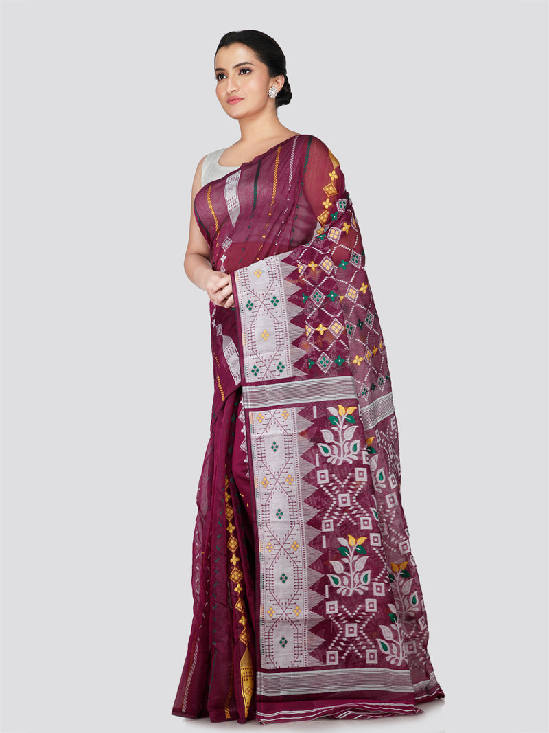 PinkLoom Women's Purple Soft Cotton Jamdani Saree