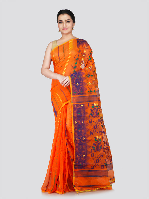 PinkLoom Women's Orange Soft Cotton Jamdani Saree