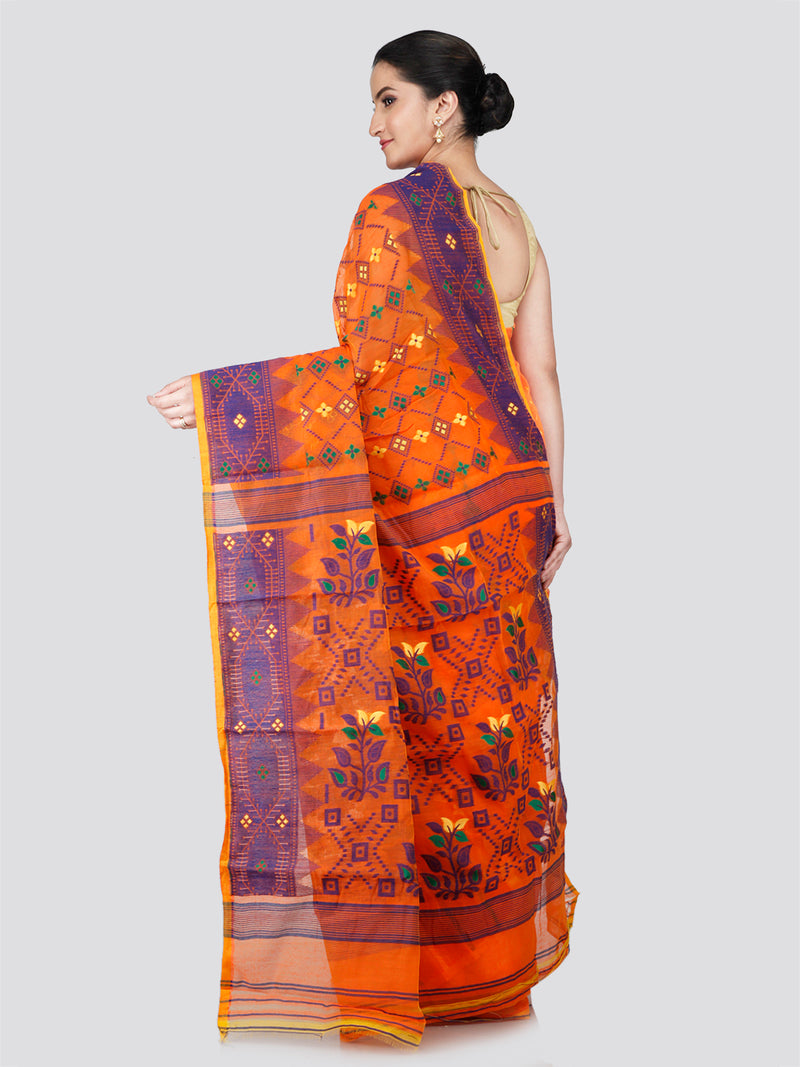 PinkLoom Women's Orange Soft Cotton Jamdani Saree