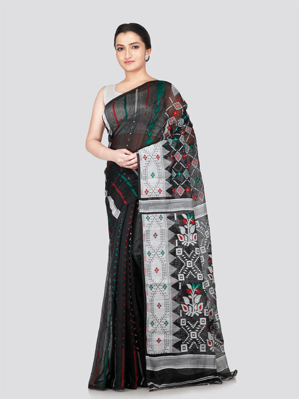 PinkLoom Women's Black Soft Cotton Jamdani Saree