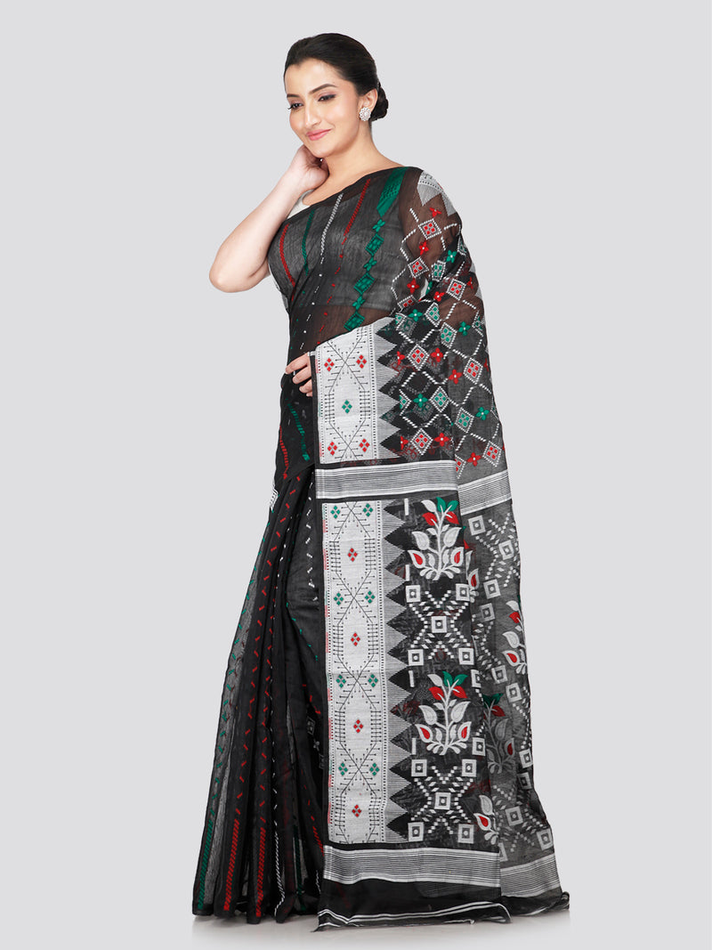 PinkLoom Women's Black Soft Cotton Jamdani Saree