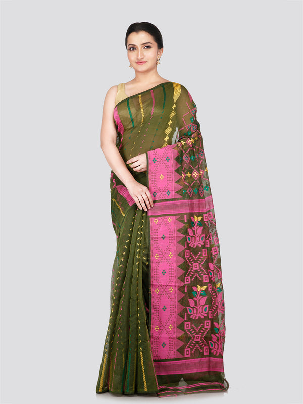 PinkLoom Women's Green Soft Cotton Jamdani Saree