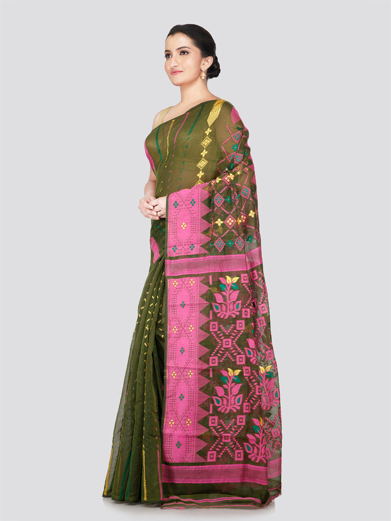 PinkLoom Women's Green Soft Cotton Jamdani Saree