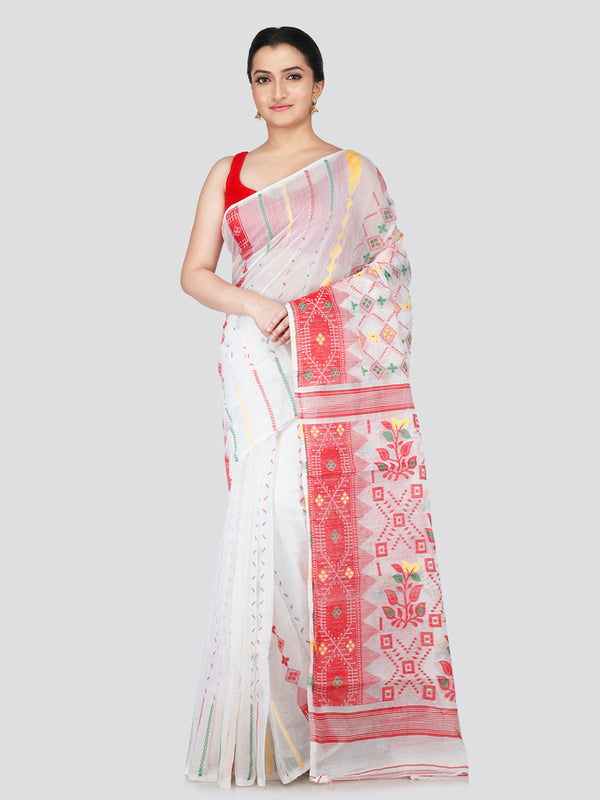 PinkLoom Women's White Soft Cotton Jamdani Saree