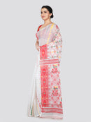 PinkLoom Women's White Soft Cotton Jamdani Saree