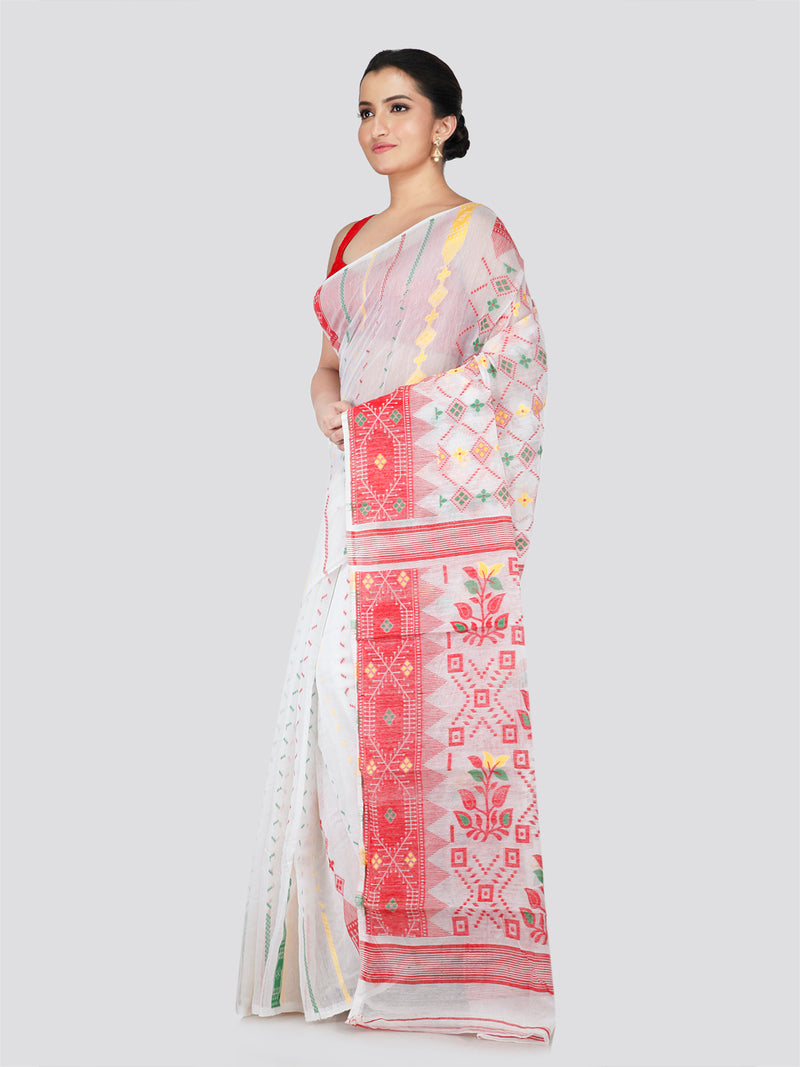 PinkLoom Women's White Soft Cotton Jamdani Saree