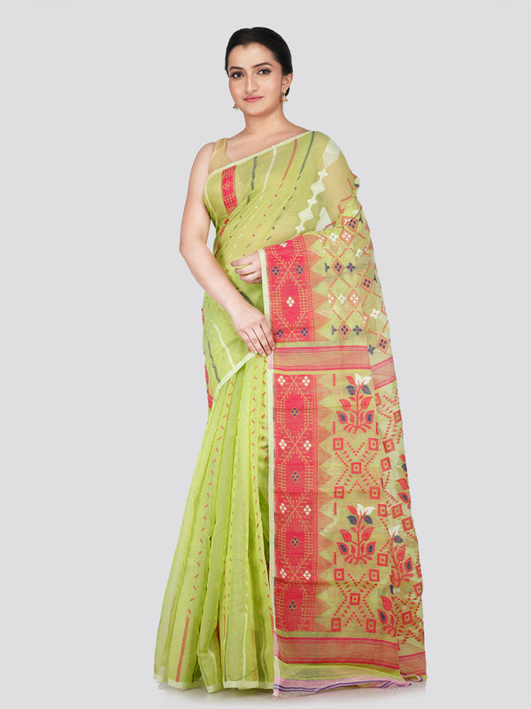 PinkLoom Women's Green Soft Cotton Jamdani Saree