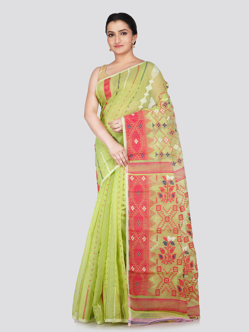 PinkLoom Women's Green Soft Cotton Jamdani Saree