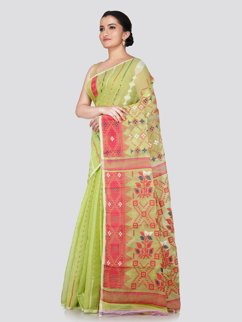 PinkLoom Women's Green Soft Cotton Jamdani Saree