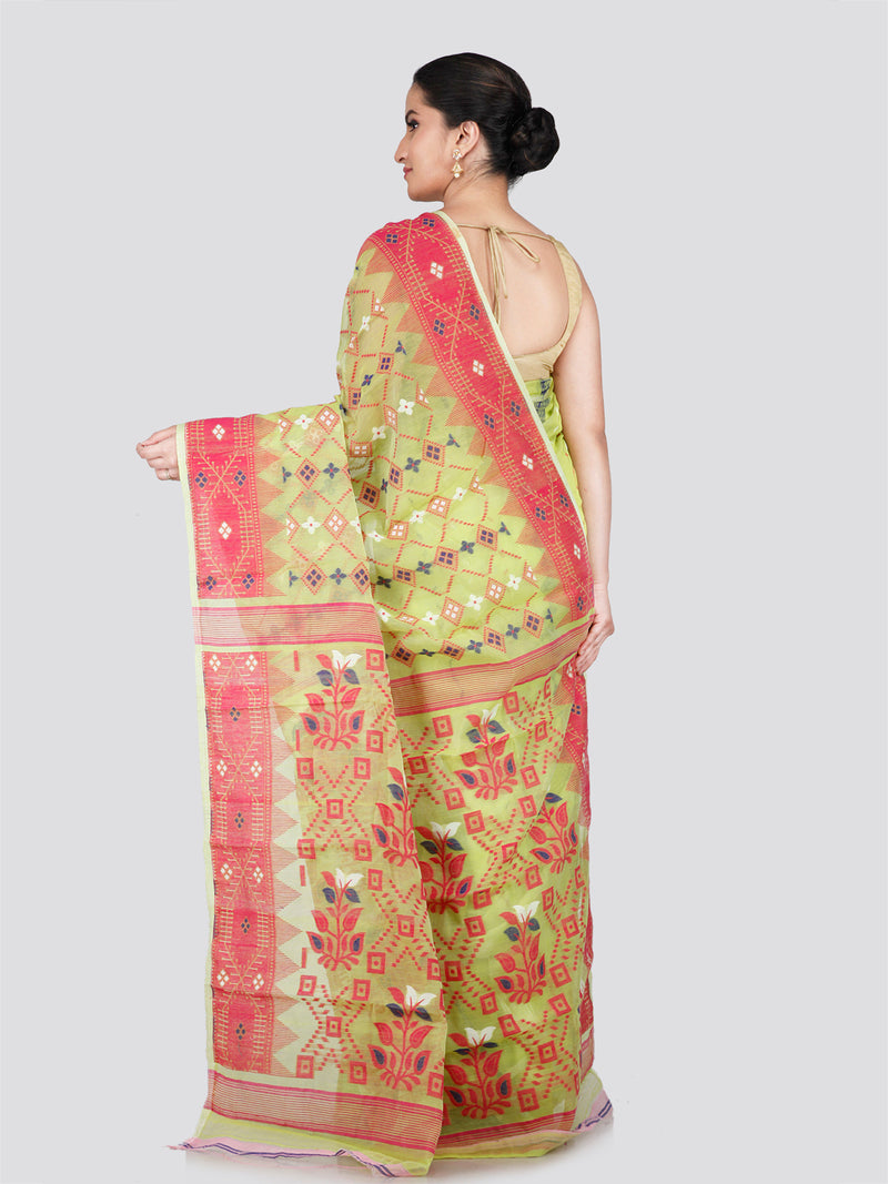 PinkLoom Women's Green Soft Cotton Jamdani Saree