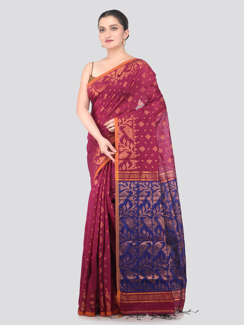 Pinkloom Magenta Handloom Cotton bleand Saree