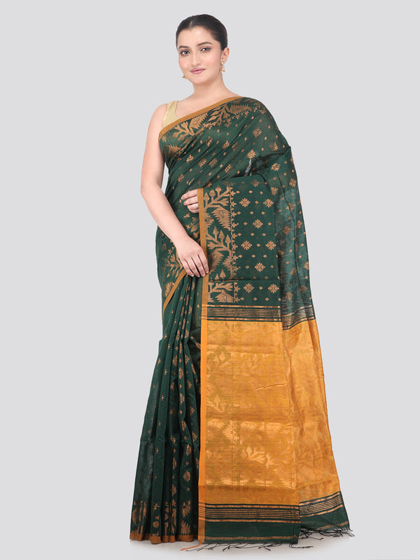 Pinkloom Green Handloom Cotton bleand Saree