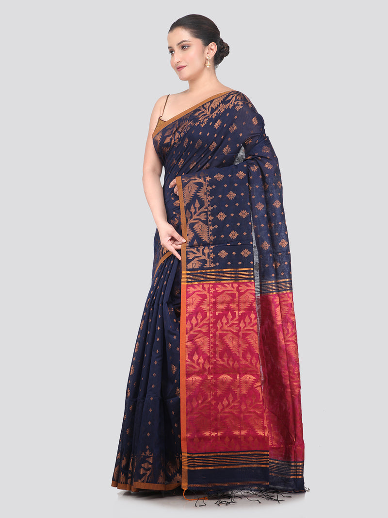 Pinkloom Blue Handloom Cotton bleand Saree