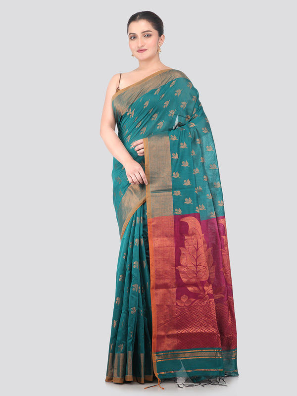 Pinkloom Sea Green Handloom Cotton bleand Saree