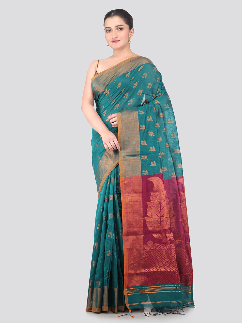 Pinkloom Sea Green Handloom Cotton bleand Saree